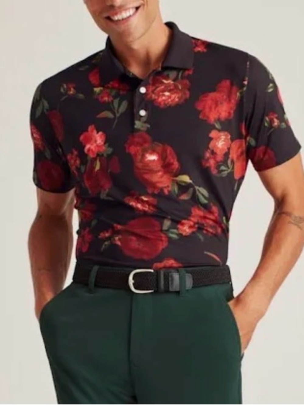 Men's Black Floral Polo Shirt with Red Rose Print by Bonobos